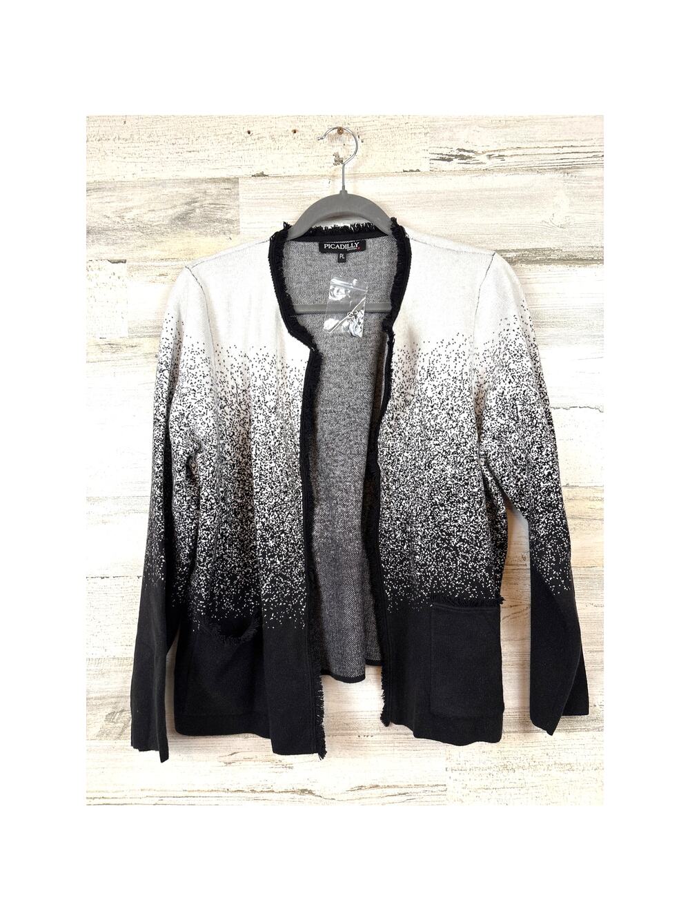 Picadilly Canada Womens L Petite Black White Ombre Speckled Cardigan NEW